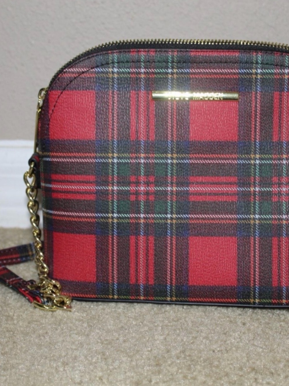 Steve Madden Red Plaid Crossbody Bag with Gold Chain